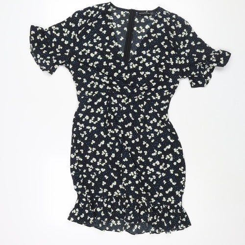 PRETTYLITTLETHING Womens Black Geometric Polyester Mini Size 12 V-Neck Zip - Frill Lace Up Back Floral Print
