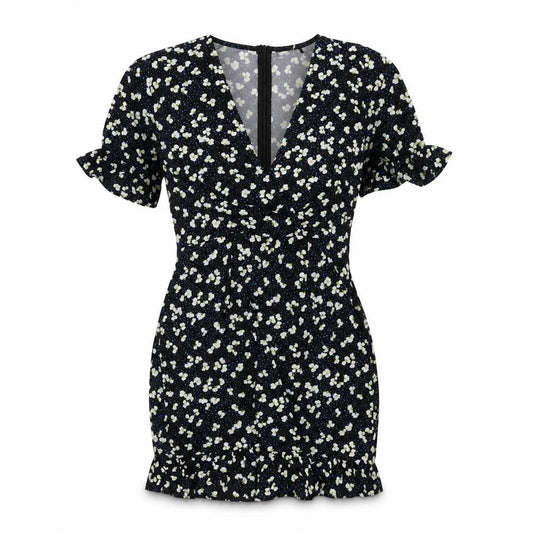 Front view of PRETTYLITTLETHING women’s black geometric polyester mini, v-neck zip - frill lace up back floral print