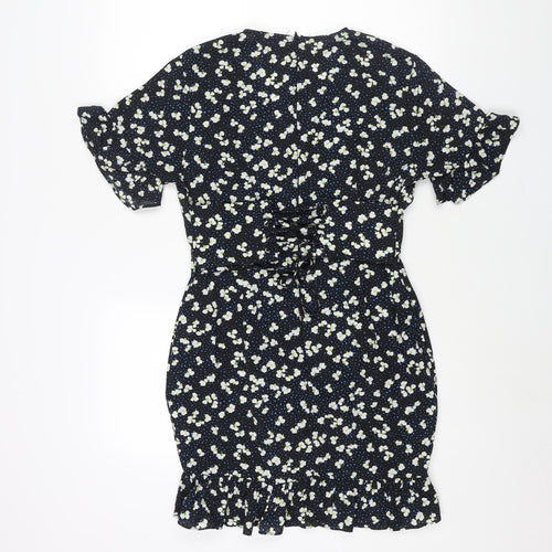 PRETTYLITTLETHING Womens Black Geometric Polyester Mini Size 12 V-Neck Zip - Frill Lace Up Back Floral Print