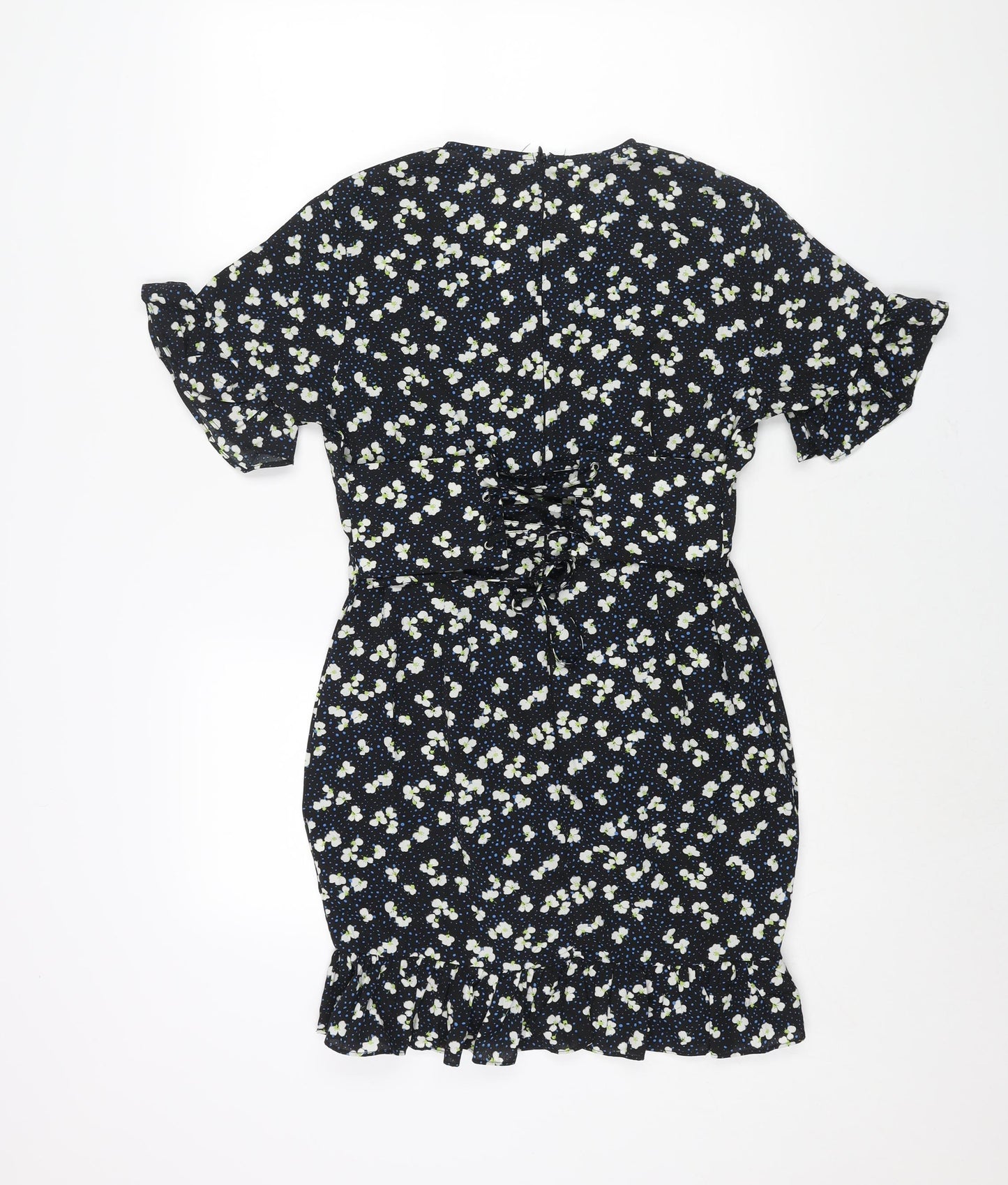 PRETTYLITTLETHING Womens Black Geometric Polyester Mini Size 12 V-Neck Zip - Frill Lace Up Back Floral Print