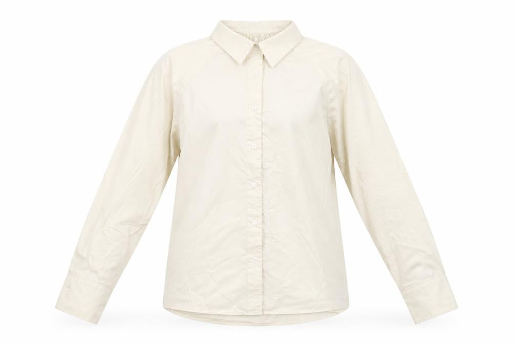 Front view of Routine women’s beige cotton basic button-up, size S, collared - rouched detail