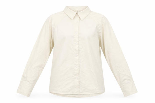 Front view of Routine women’s beige cotton basic button-up, size S, collared - rouched detail