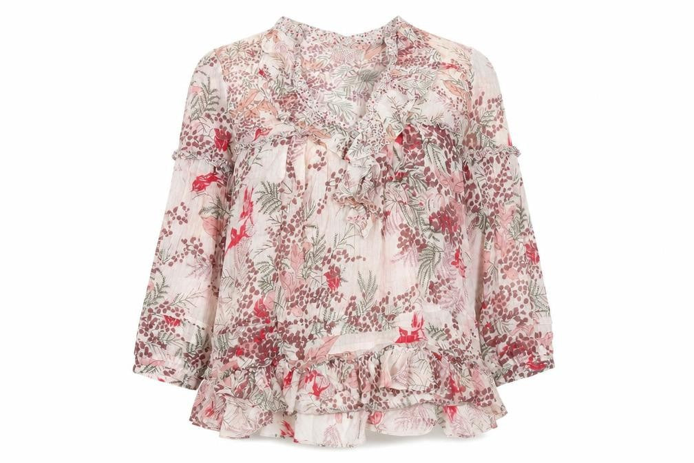 Rutzou Womens Multicoloured Geometric Cotton Basic Blouse Size 8 V-Neck - Frill Floral Print