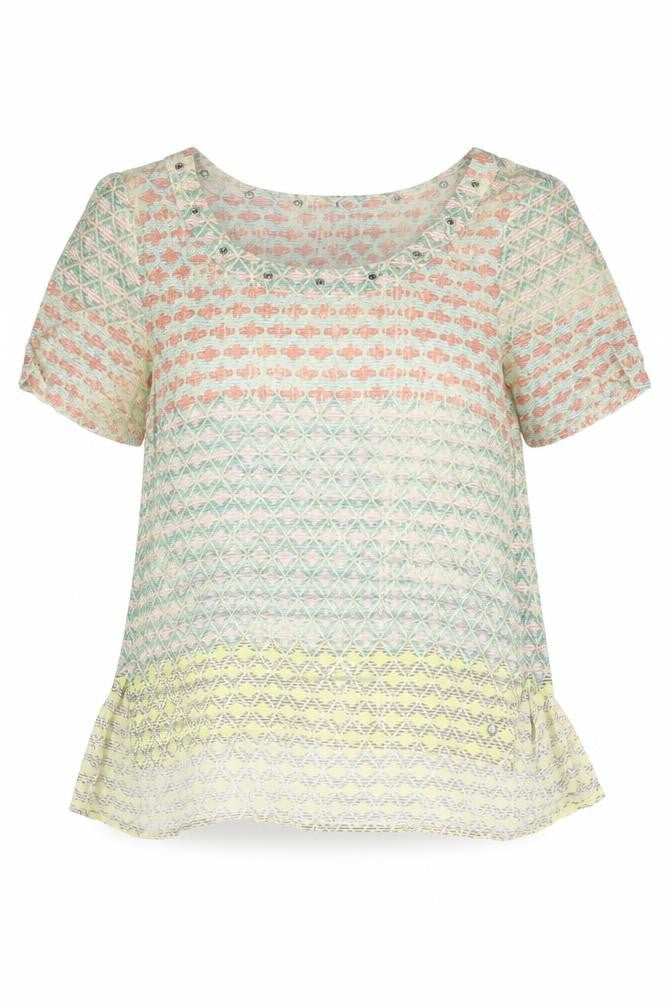 Front view of Sandwich women’s multicoloured geometric viscose basic blouse, size UK 6, round neck - eyelet detail