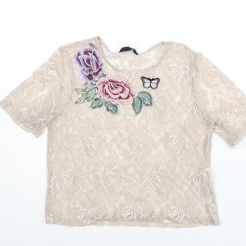 New Look Womens Beige Polyester Basic Blouse Size 10 Round Neck - Floral Embroidery