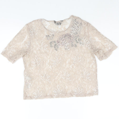 New Look Womens Beige Polyester Basic Blouse Size 10 Round Neck - Floral Embroidery