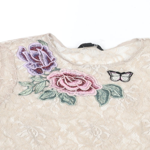 New Look Womens Beige Polyester Basic Blouse Size 10 Round Neck - Floral Embroidery