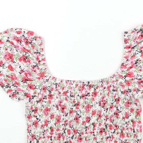 New Look Womens Multicoloured Floral Viscose Basic Blouse Size 16 Scoop Neck - Bow Rouched