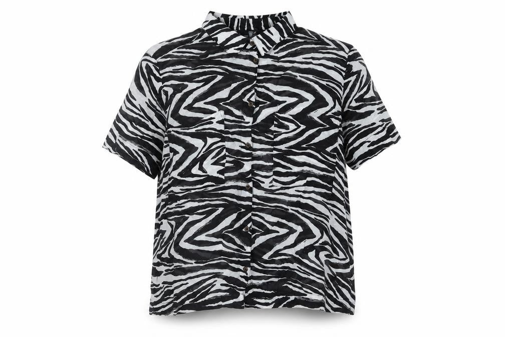 Front view of Next women’s black geometric viscose basic button-up, size UK 10, collared - semi sheer