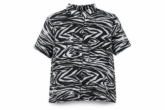 Front view of Next women’s black geometric viscose basic button-up, size UK 10, collared - semi sheer