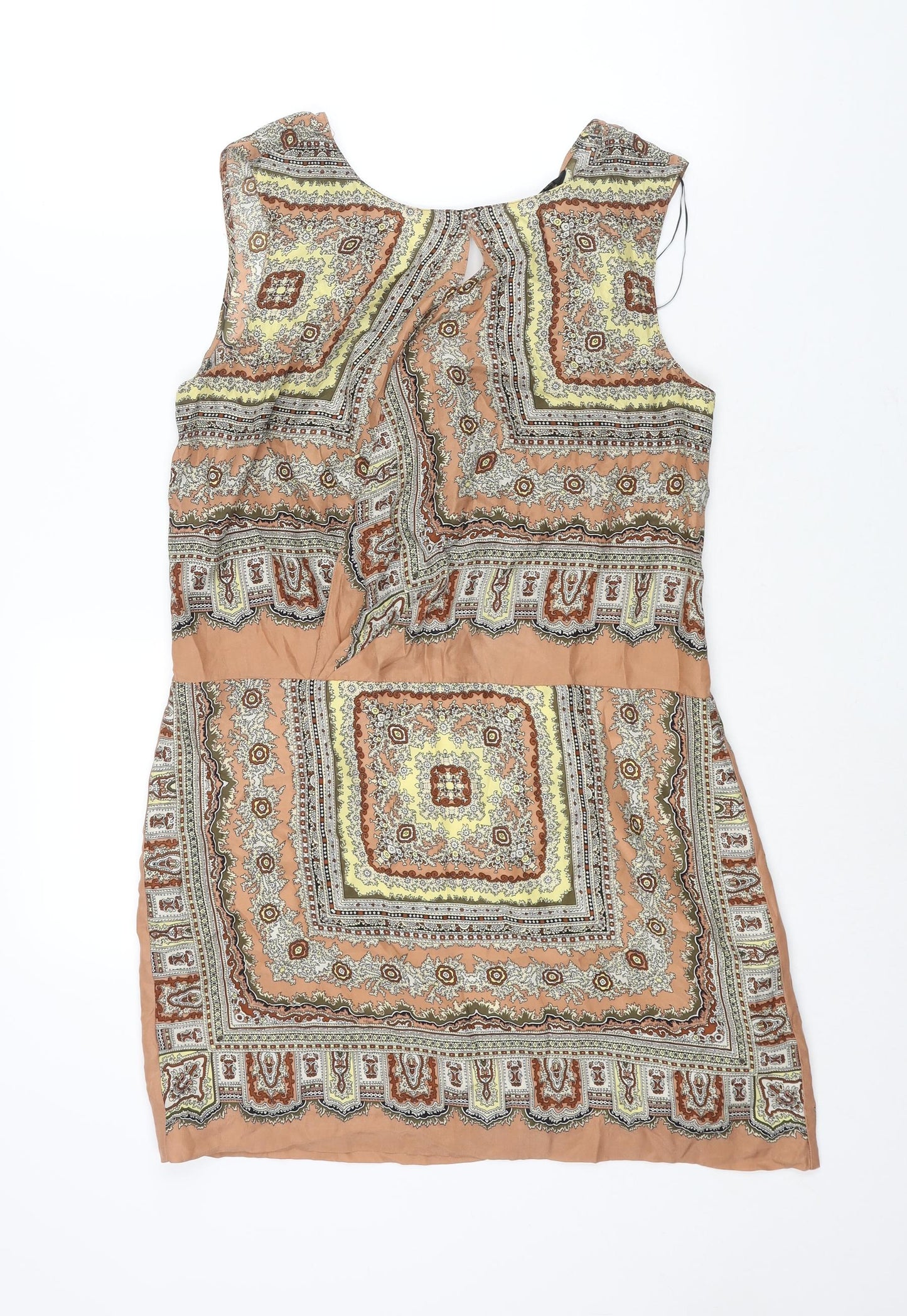 Zara Womens Beige Geometric Silk Shift Size S Round Neck Zip