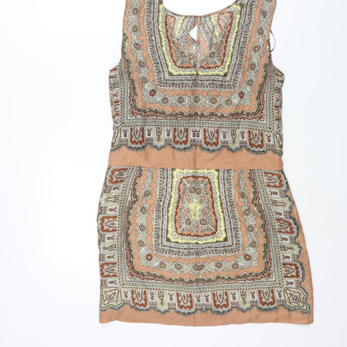 Zara Womens Beige Geometric Silk Shift Size S Round Neck Zip