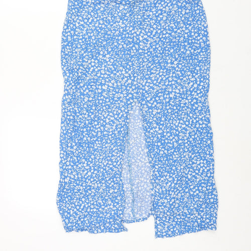 Pull&Bear Womens Blue Floral Viscose Straight & Pencil Skirt Size L Zip - Front Slit Rouched