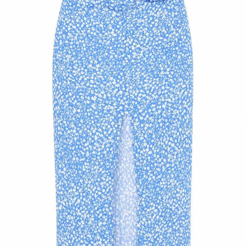 Pull&Bear Womens Blue Floral Viscose Straight & Pencil Skirt Size L Zip - Front Slit Rouched