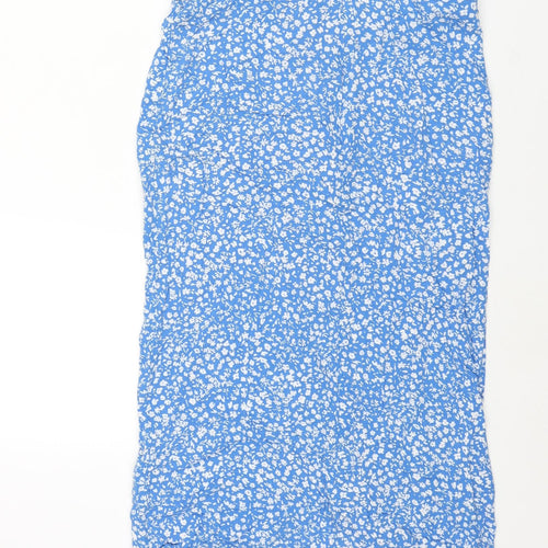 Pull&Bear Womens Blue Floral Viscose Straight & Pencil Skirt Size L Zip - Front Slit Rouched
