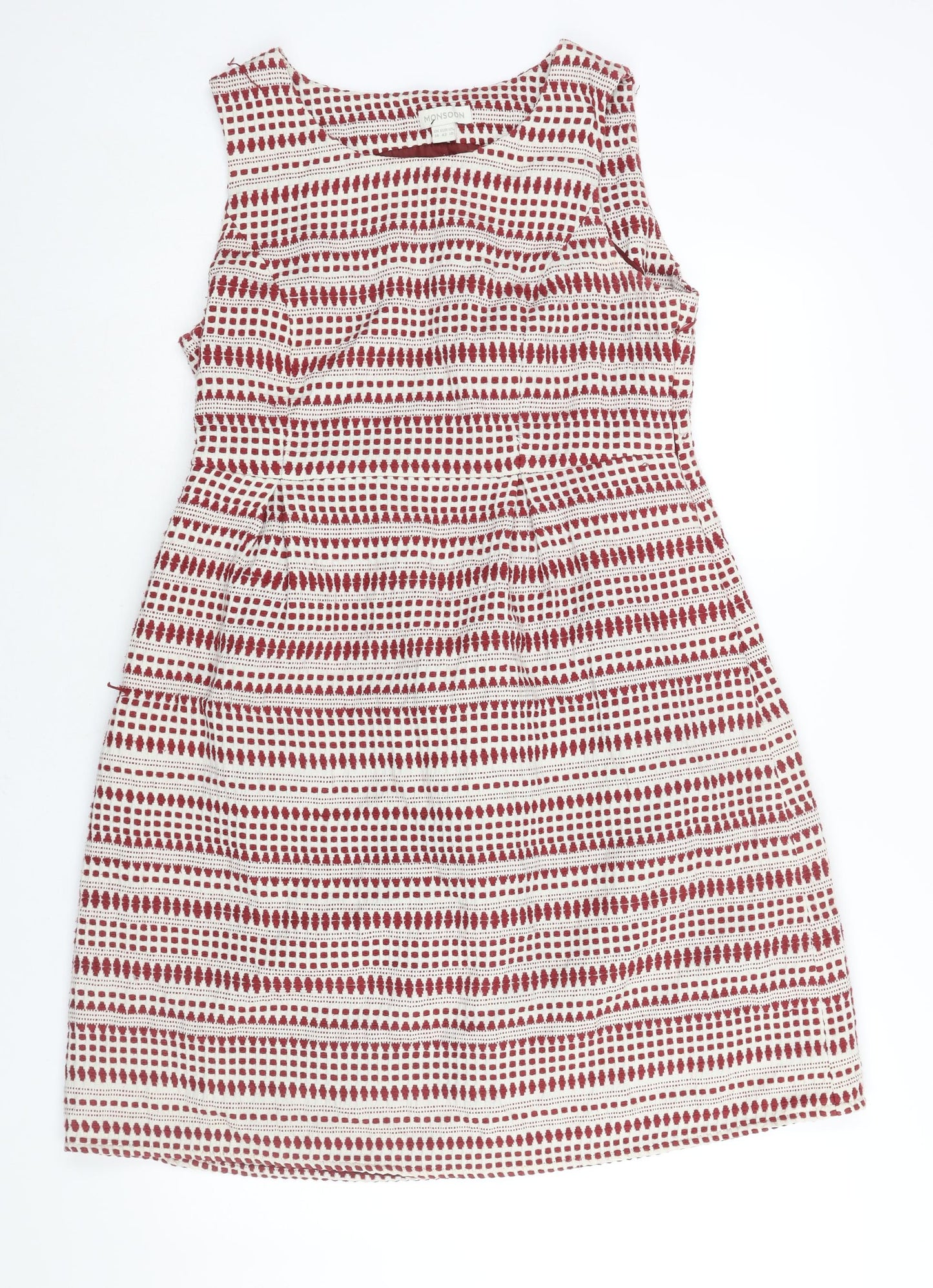 Monsoon Womens Red Geometric Cotton Shift Size 14 Round Neck Zip