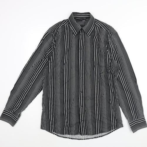 Conwell Mens Black Striped Cotton Button-Up Size L Collared Button