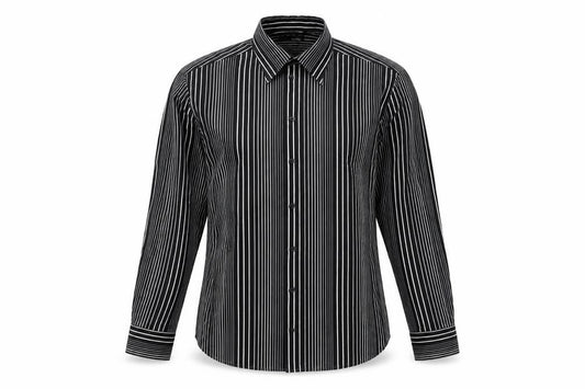 Front view of Conwell men’s black striped cotton button-up, size L, collared button