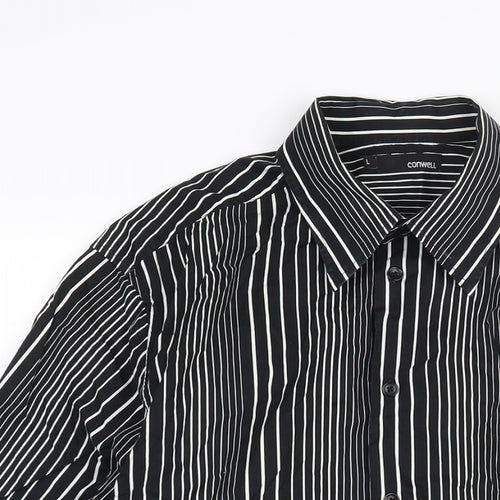 Conwell Mens Black Striped Cotton Button-Up Size L Collared Button