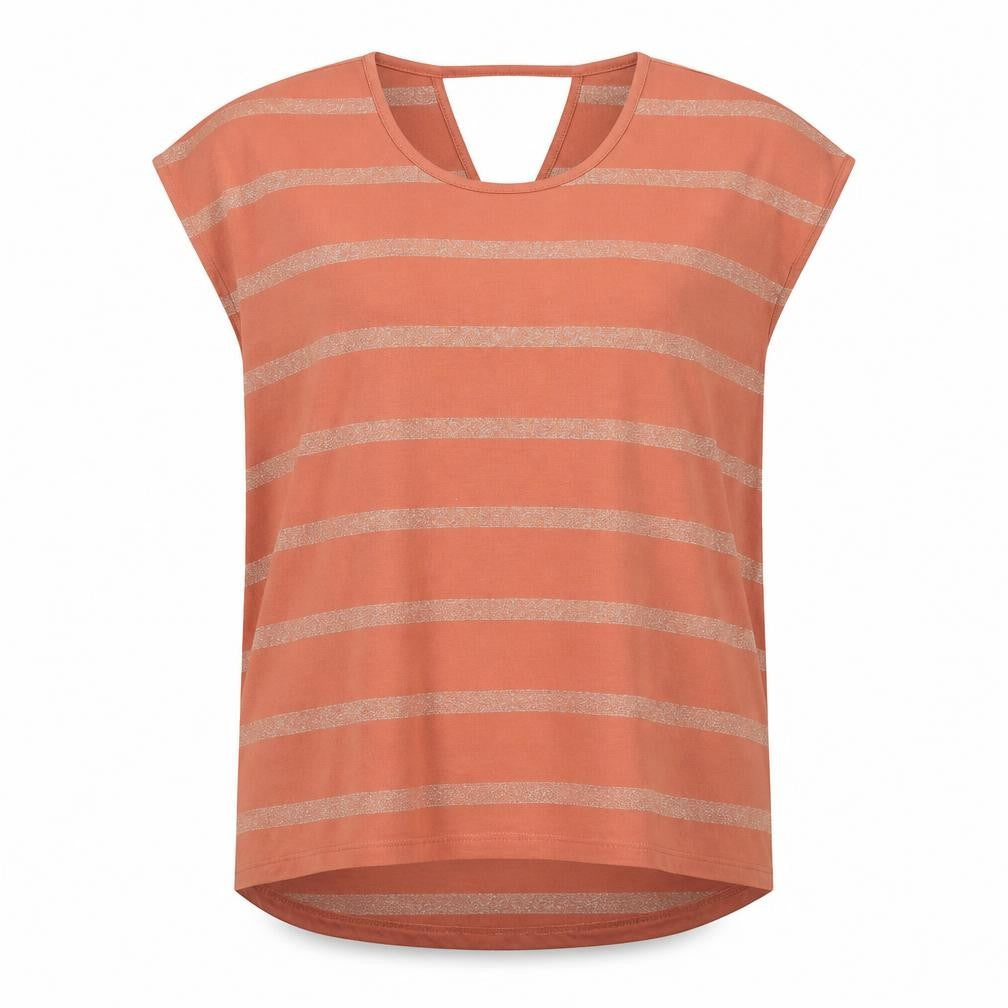 Front view of Per Una women’s orange striped polyester basic blouse, size UK 14, round neck