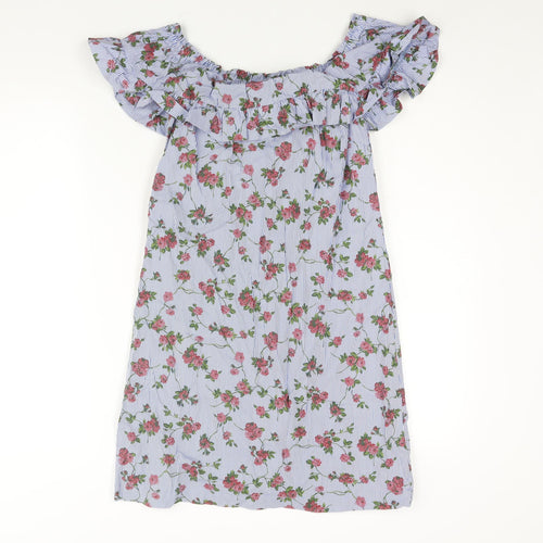 Stradivarius Womens Blue Geometric Cotton Mini Size S Boat Neck Pullover - Stripe Floral Print Fril