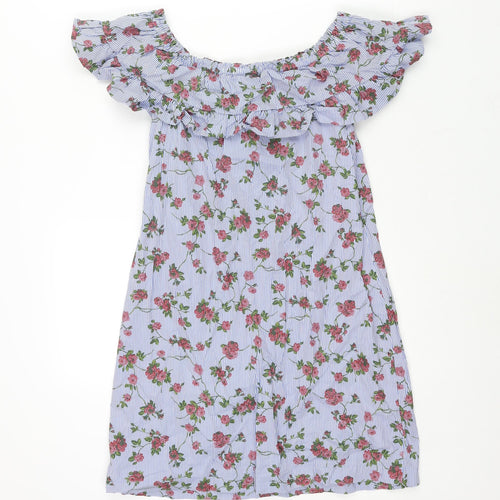 Stradivarius Womens Blue Geometric Cotton Mini Size S Boat Neck Pullover - Stripe Floral Print Fril