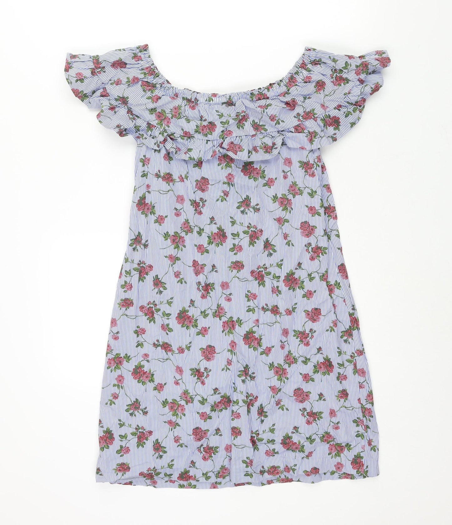 Stradivarius Womens Blue Geometric Cotton Mini Size S Boat Neck Pullover - Stripe Floral Print Fril