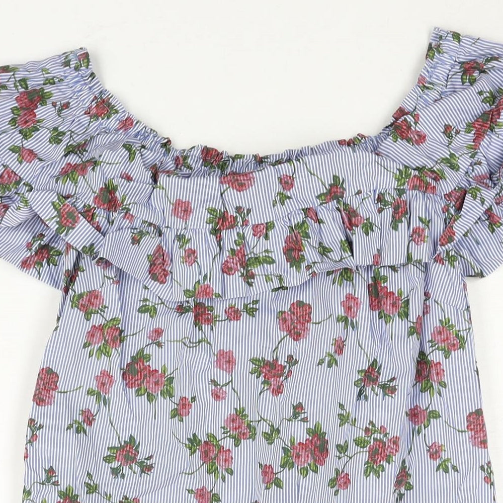 Stradivarius Womens Blue Geometric Cotton Mini Size S Boat Neck Pullover - Stripe Floral Print Fril