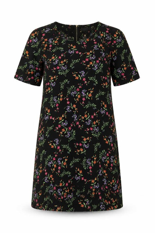 Front view of Apricot women’s black floral polyester shift, size L, round neck zip
