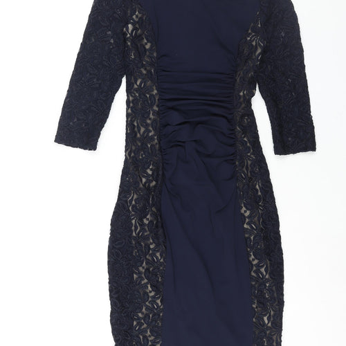Phase Eight Womens Blue Polyester Bodycon Size 8 Round Neck Zip - Lace Panelling Rouched