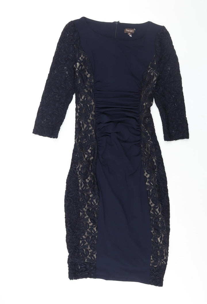Phase Eight Womens Blue Polyester Bodycon Size 8 Round Neck Zip - Lace Panelling Rouched