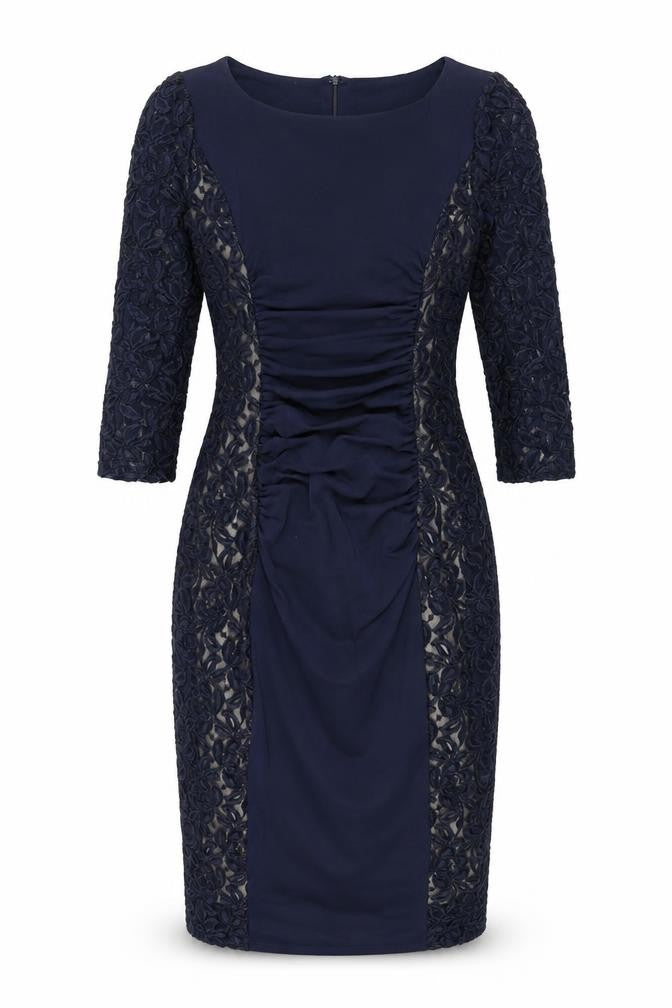 Front view of Phase Eight women’s blue polyester bodycon, size UK 8, round neck zip - lace panelling rouched