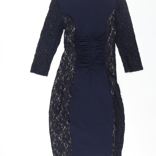 Phase Eight Womens Blue Polyester Bodycon Size 8 Round Neck Zip - Lace Panelling Rouched