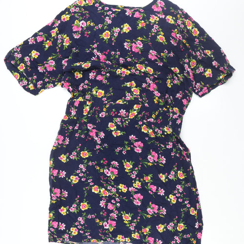 Warehouse Womens Blue Floral Viscose Shift Size 16 Round Neck Button