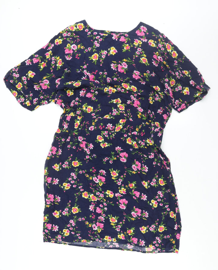 Warehouse Womens Blue Floral Viscose Shift Size 16 Round Neck Button