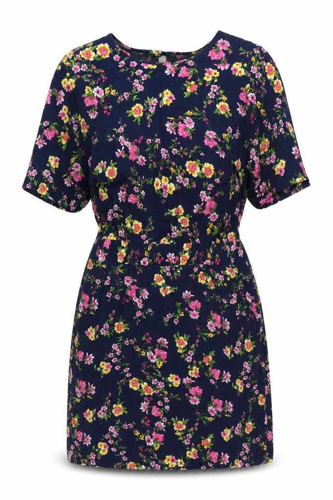 Front view of Warehouse women’s blue floral viscose shift, size UK 16, round neck button