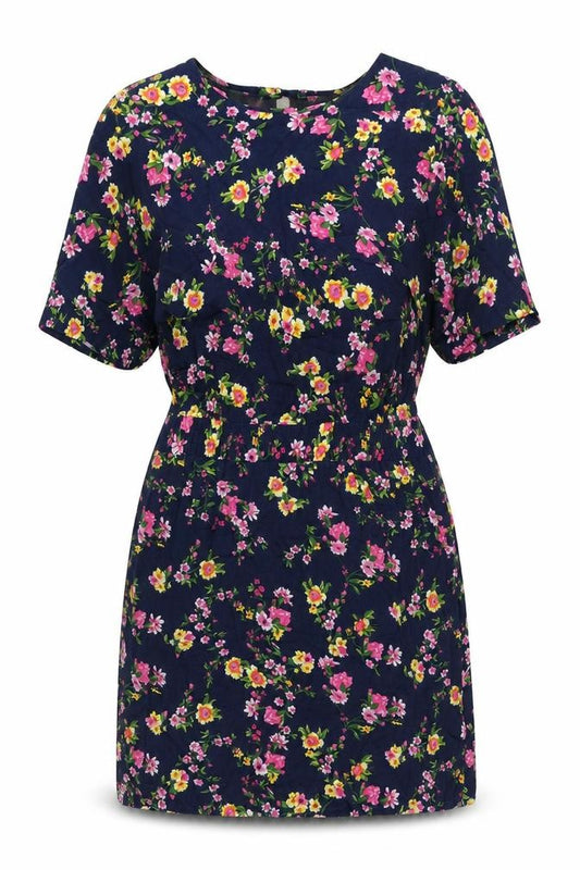 Front view of Warehouse women’s blue floral viscose shift, size UK 16, round neck button