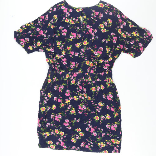 Warehouse Womens Blue Floral Viscose Shift Size 16 Round Neck Button
