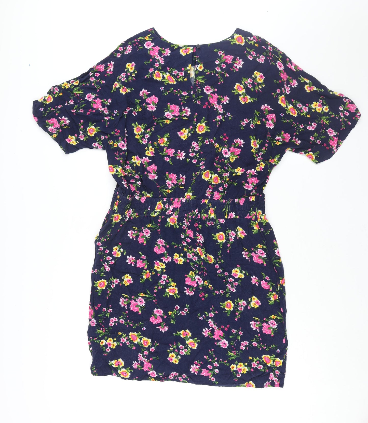 Warehouse Womens Blue Floral Viscose Shift Size 16 Round Neck Button