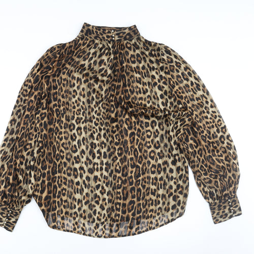 H&M Womens Brown Animal Print Polyester Basic Blouse Size M Mock Neck - Leopard Print