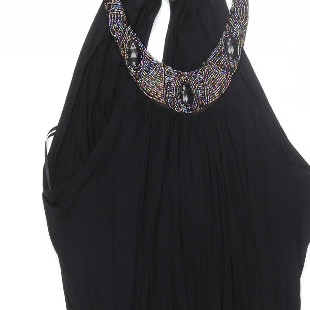 Miss Selfridge Womens Black Viscose Shift Size 10 Round Neck Button - Beaded Neckline