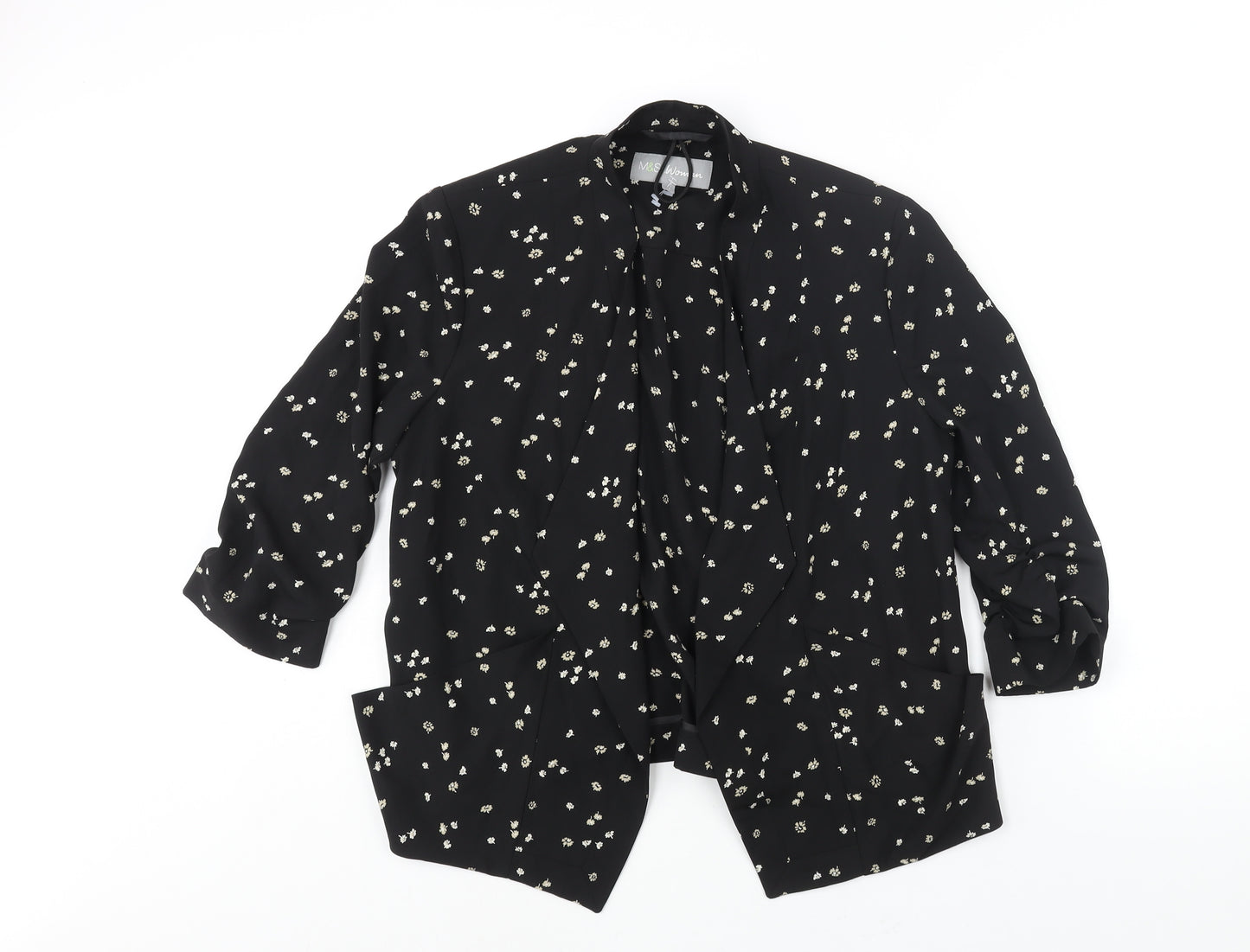 Marks and Spencer Womens Black Floral Jacket Size 12 - Rouched Sleeve Detail