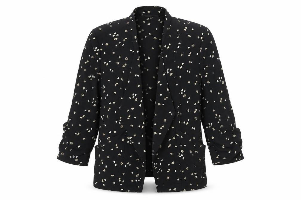 Marks and Spencer Womens Black Floral Jacket Size 12 - Rouched Sleeve Detail