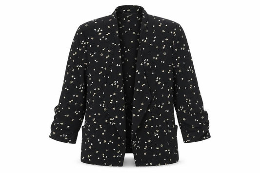 Front view of Marks & Spencer women’s black floral jacket, size UK 12, - rouched sleeve detail