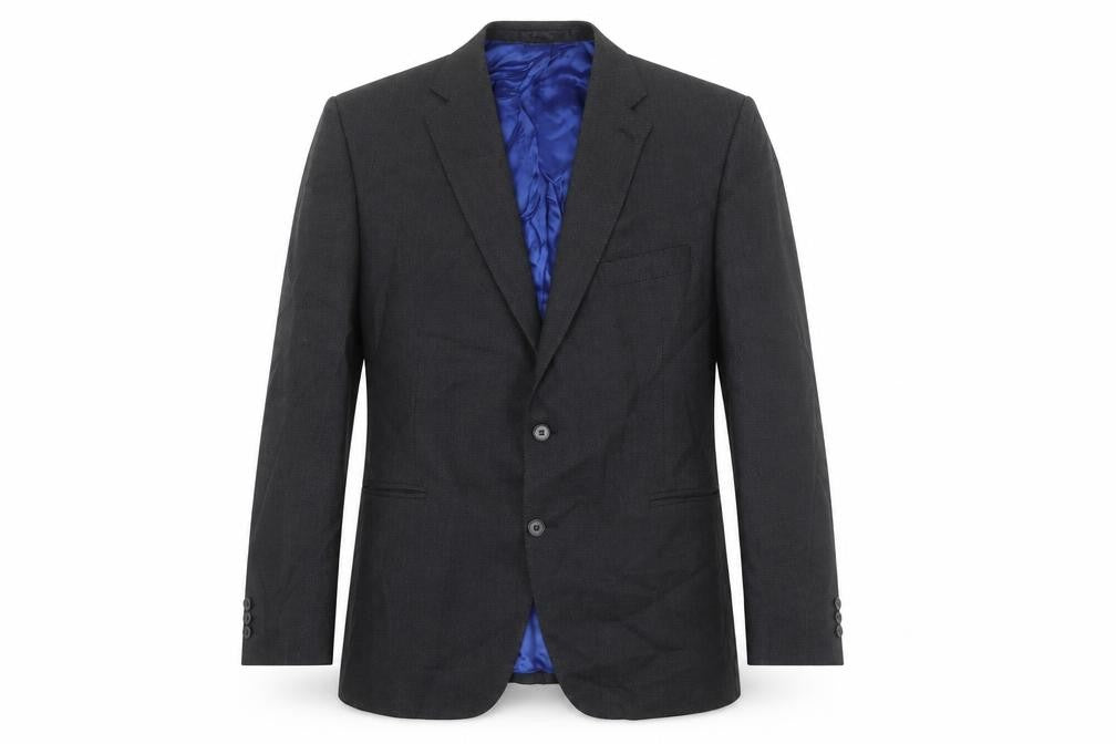 Front view of The Label men’s black wool jacket suit jacket, size 46, regular
