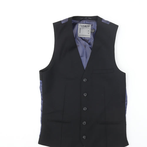 Topman Mens Black Polyester Jacket Suit Waistcoat Size 34 Regular