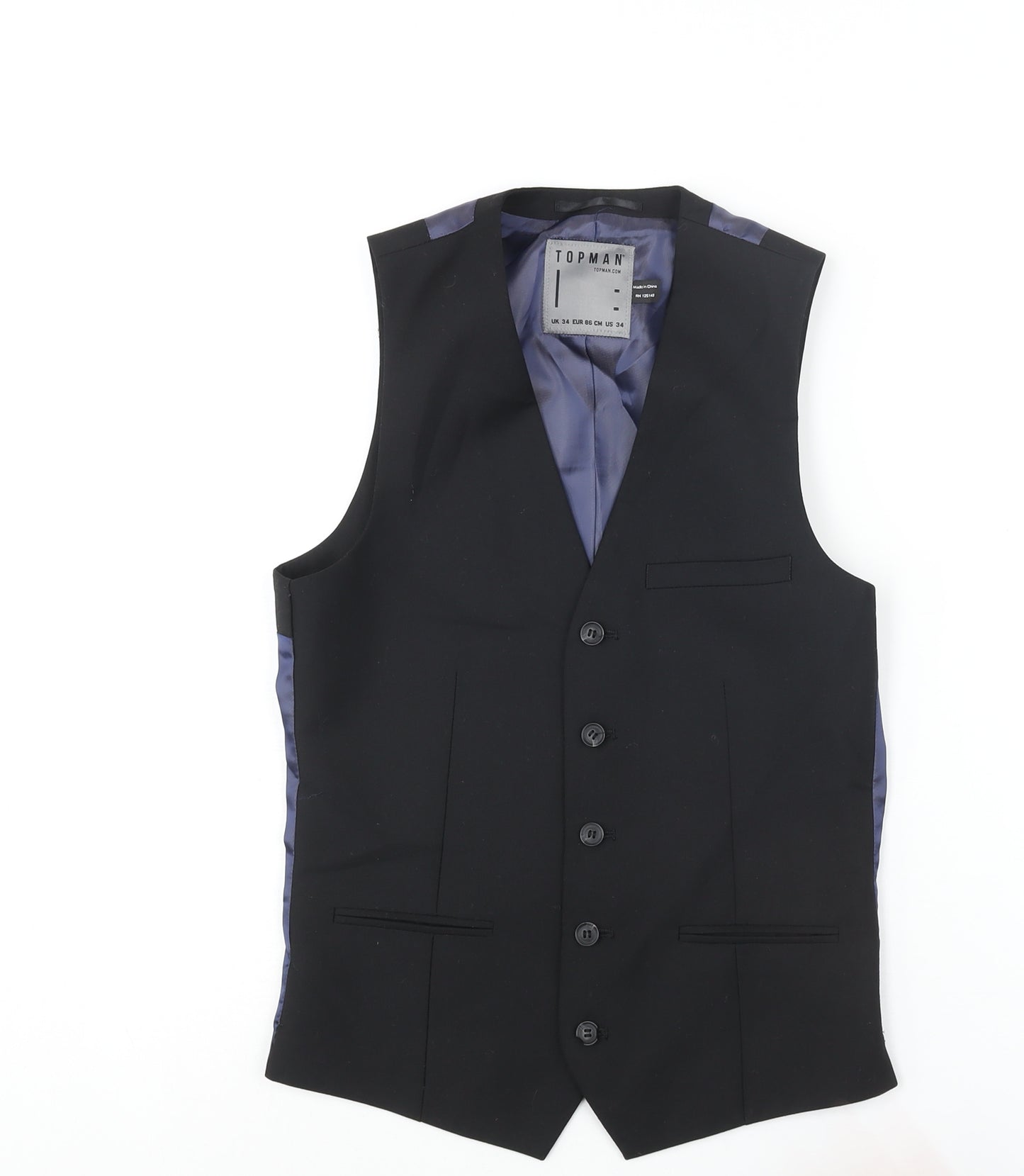 Topman Mens Black Polyester Jacket Suit Waistcoat Size 34 Regular