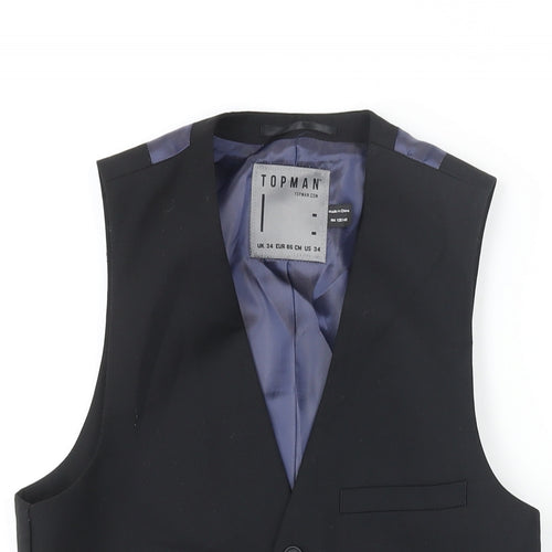 Topman Mens Black Polyester Jacket Suit Waistcoat Size 34 Regular