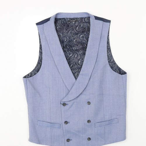 Marks and Spencer Mens Blue Herringbone Polyester Jacket Suit Waistcoat Size 40 Regular