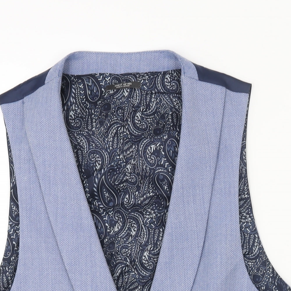 Marks and Spencer Mens Blue Herringbone Polyester Jacket Suit Waistcoat Size 40 Regular
